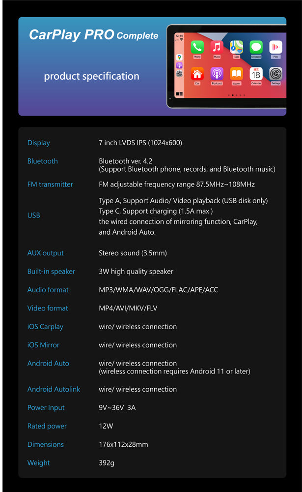 Coral Vision Wireless Pro A 7inch IPS display - Navigation, Communications, Infotainment Quick DIY-installation System，support ios and Android mirrorlink