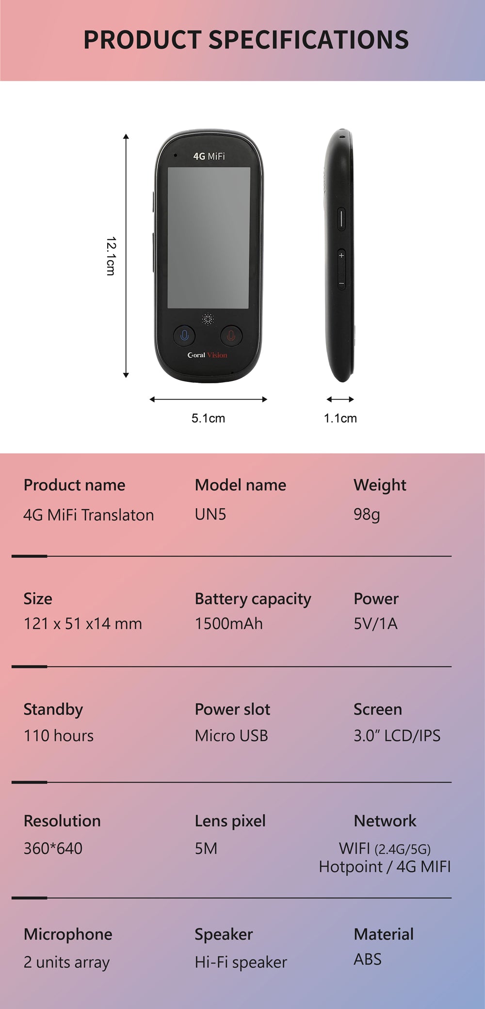 Coral Vision UN5 WiFi / 4G language translator converter supports 117 languages Photo translation in 43 languages