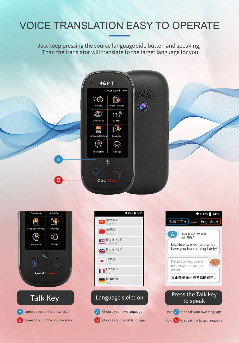 Coral Vision UN5 WiFi / 4G language translator converter supports 117 languages Photo translation in 43 languages