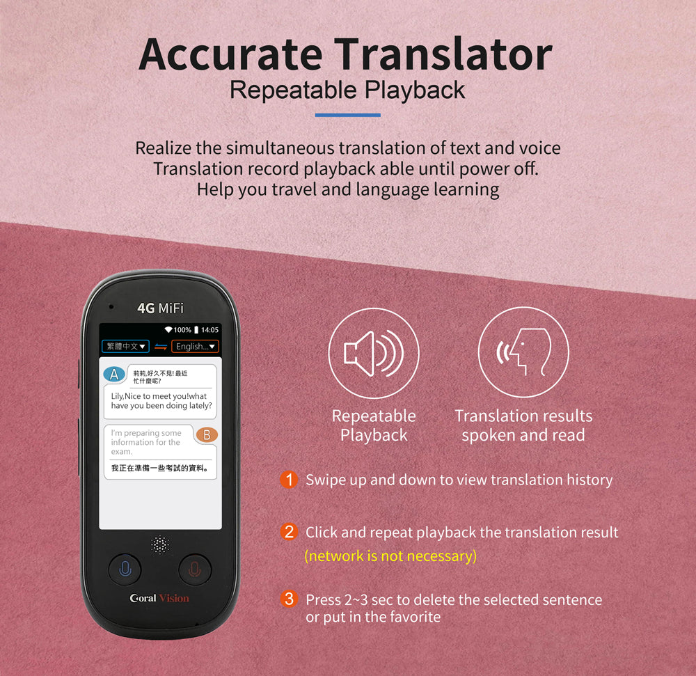 Coral Vision UN5 WiFi / 4G language translator converter supports 117 languages Photo translation in 43 languages